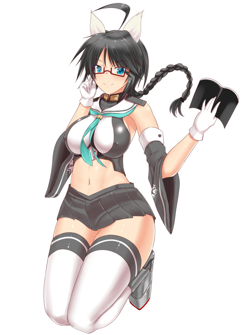 1girl, ahoge, alternate_costume, animal_ears, azur_lane, black_hair, book, braid