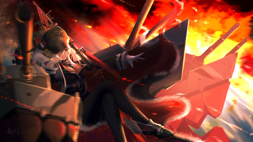 1girl, anyi, azur_lane, between_breasts, bismarck_(azur_lane), black_legwear, chin_rest, closed_eyes