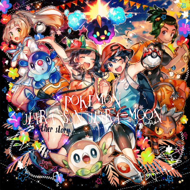 2boys, 2girls, alola_form, alolan_raichu, backpack, bag, black_hair, black_shirt