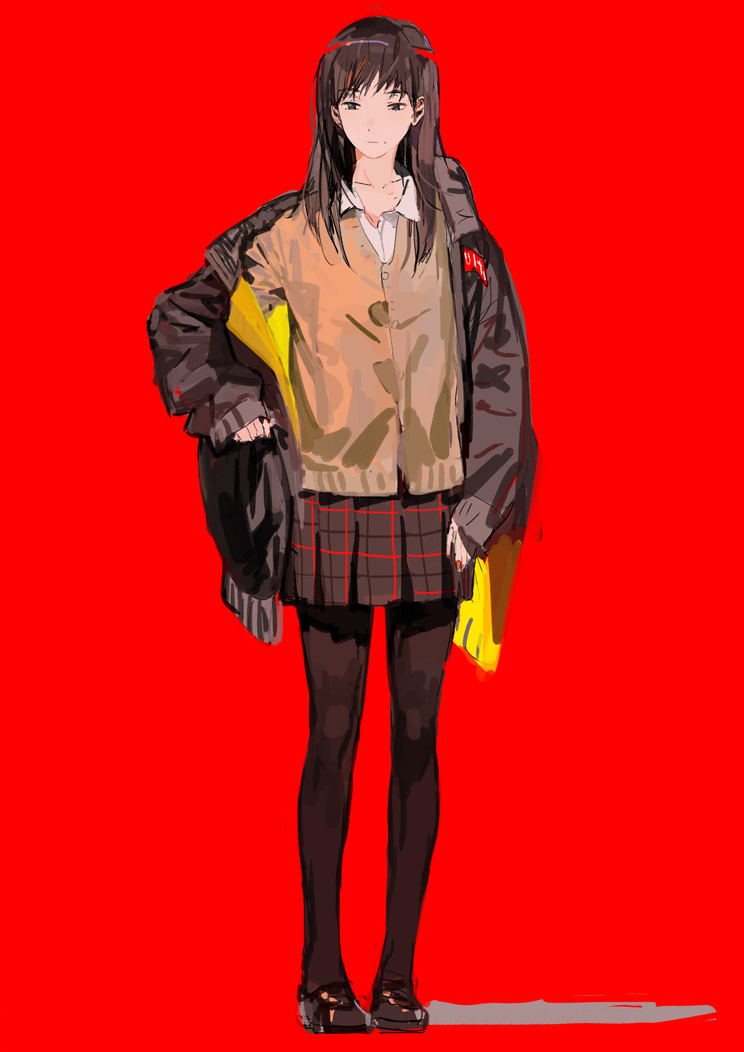 1girl, black_footwear, black_legwear, brown_eyes, brown_hair, cardigan, checkered, checkered_skirt