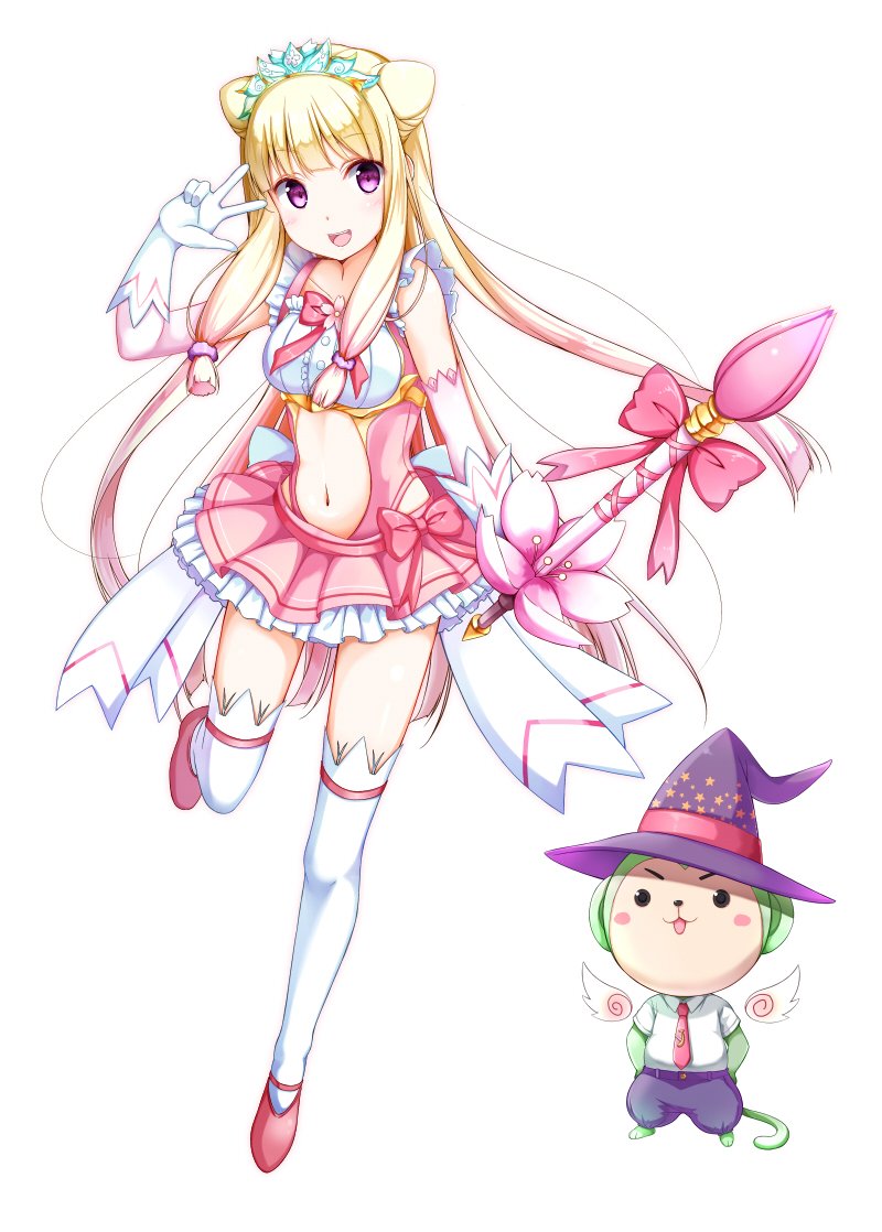 1girl, :d, bangs, bare_shoulders, blonde_hair, blunt_bangs, blush, creature