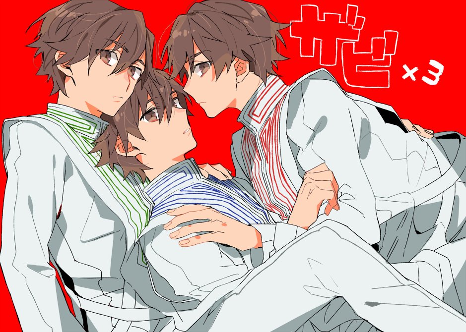 3boys, boy_sandwich, brown_eyes, brown_hair, fate/extella, fate/extra, fate/extra_ccc, fate_(series)