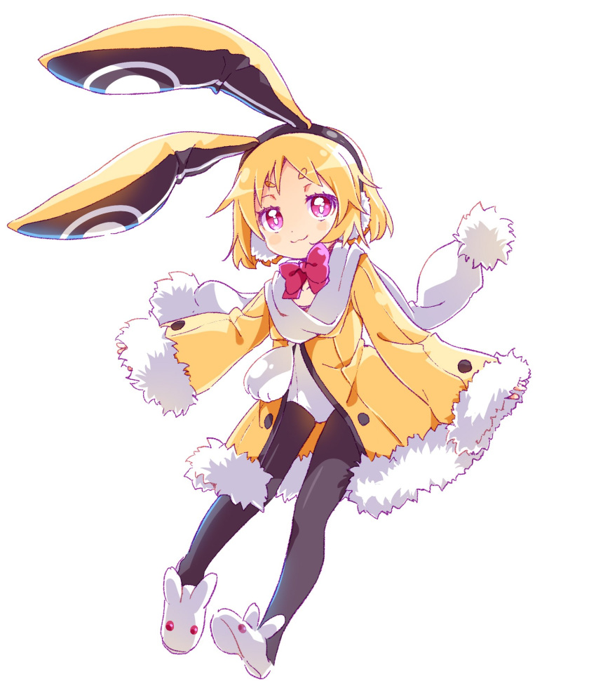 1girl, :3, animal_ears, black_legwear, blonde_hair, disgaea, earmuffs, highres, jacket, makai_senki_disgaea_5, namori, pantyhose, rabbit_ears, scarf, simple_background, slippers, smile, solo, usalia_(disgaea), white_background