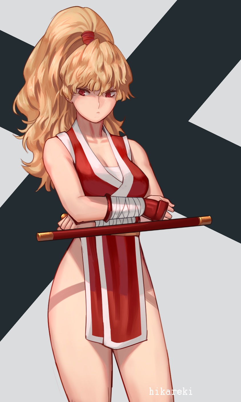 1girl, bangs, blonde_hair, breasts, cleavage, closed_mouth, collarbone, cowboy_shot, crossed_arms, final_fight, genryuusai_maki, high_ponytail, highres, hikareki, large_breasts, long_hair, looking_at_viewer, ninja, pelvic_curtain, ponytail, red_eyes, solo, street_fighter, tonfa, weapon