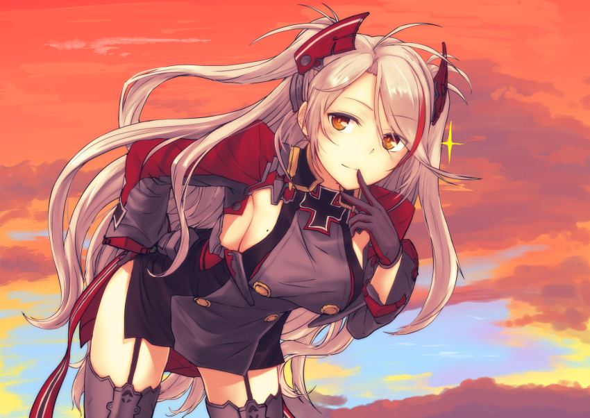 1girl, antenna_hair, azur_lane, bangs, bent_over, black_dress, black_gloves, black_legwear