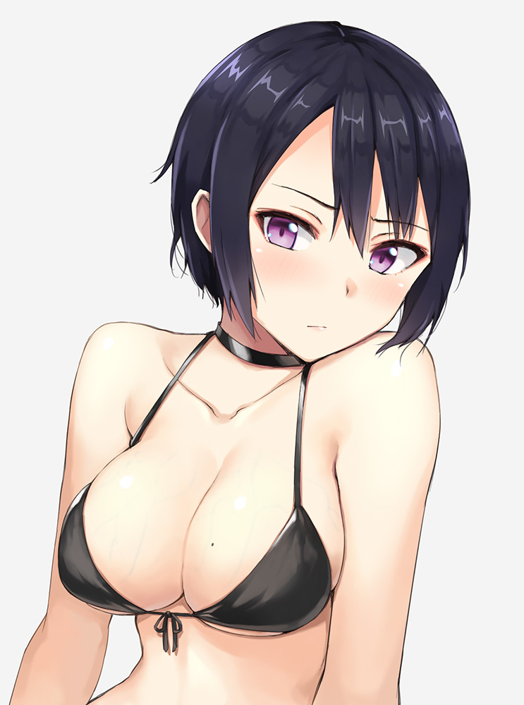 1girl, bangs, bare_arms, bare_shoulders, bikini, bikini_top, black_bikini, black_choker