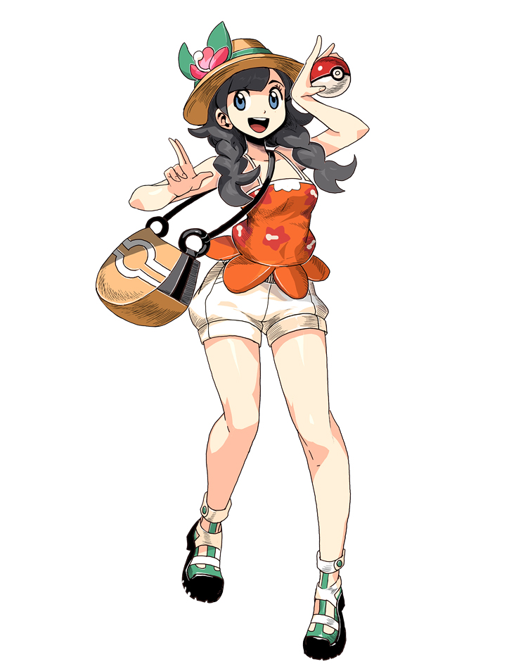 1girl, :d, bag, black_hair, blue_eyes, braid, flower, full_body, genzoman, hat, legs, mizuki_(pokemon_ultra_sm), open_mouth, poke_ball, pokemon, pokemon_(game), pokemon_ultra_sm, shorts, simple_background, smile, solo, sun_hat, tank_top, twin_braids, white_background, white_shorts