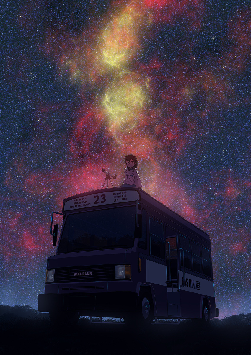 1girl, artist_name, brown_hair, bus, commentary, glasses, ground_vehicle, highres, jacket_on_shoulders, looking_at_viewer, mclelun, motor_vehicle, nebula, night, night_sky, original, outdoors, scenery, shirt, sitting, sky, smile, solo, star_(sky), starry_sky, telescope