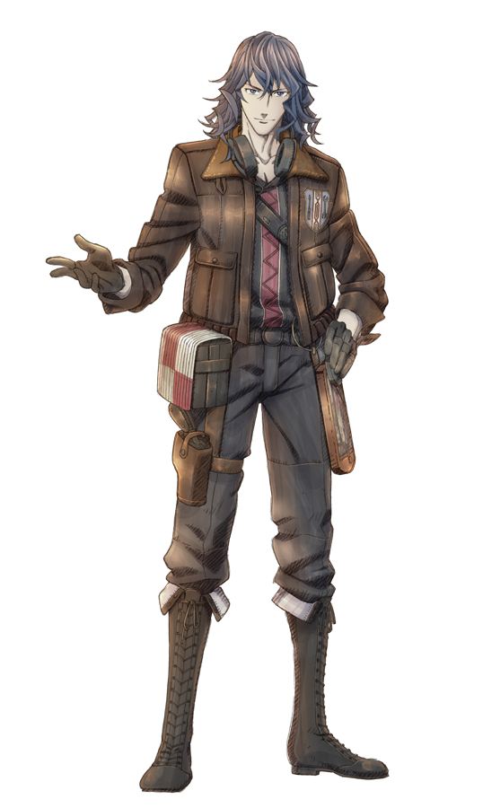 1boy, blue_eyes, blue_hair, boots, full_body, gloves, gun, gusurg, headphones, headphones_around_neck, long_hair, looking_at_viewer, male_focus, official_art, senjou_no_valkyria, senjou_no_valkyria_3, solo, transparent_background, weapon