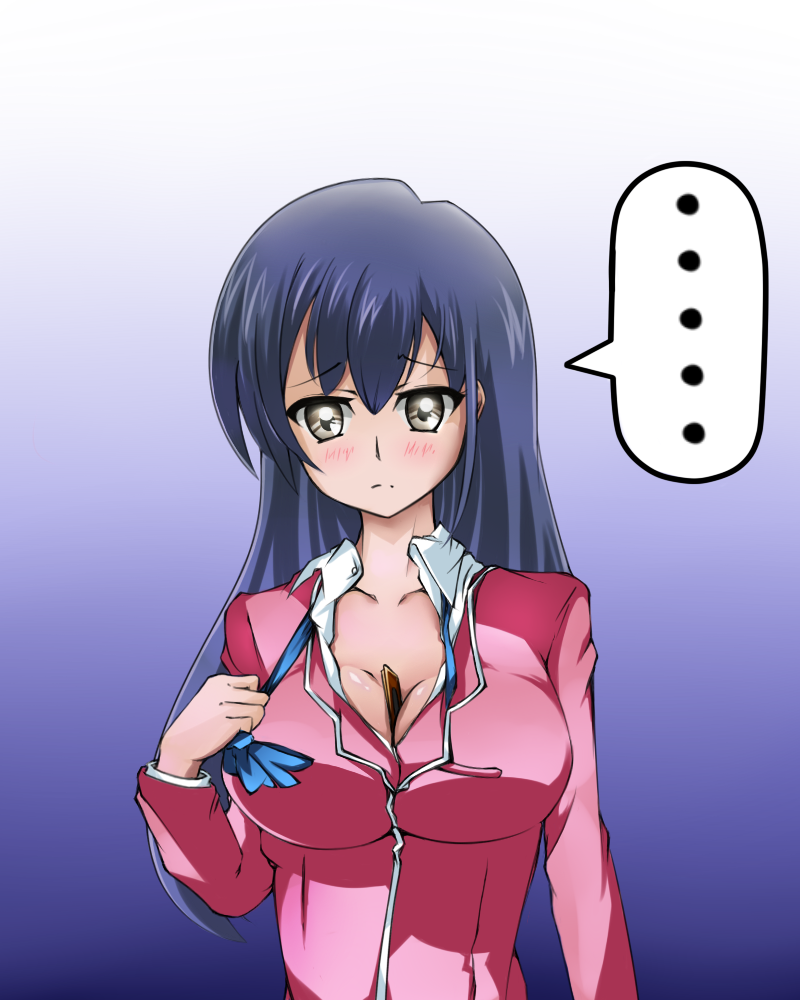 blue_bow, blue_hair, blush, bow, breasts, card, cleavage, grey_eyes, jacket, jess_(yu-gi-oh), open_clothes, open_shirt, pink_jacket, school_uniform, shirt, yu-gi-oh!, yuu-gi-ou_duel_links
