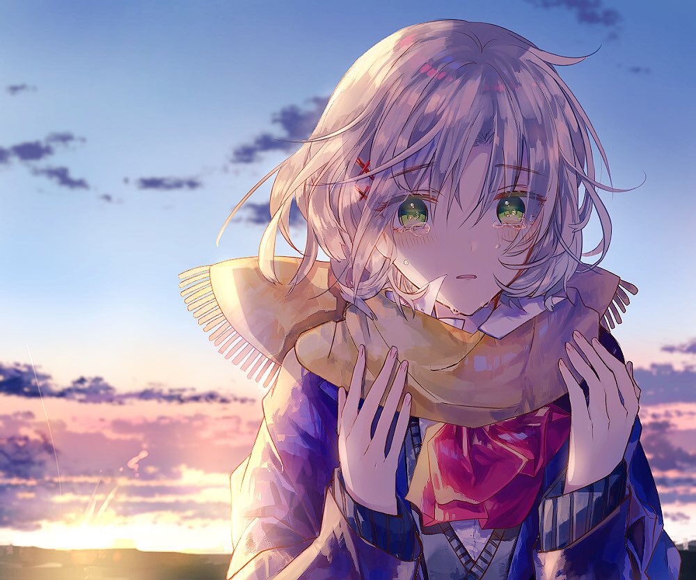 1girl, bangs, blue_sky, blush, cardigan, chunnkoromochi, evening, eyebrows_visible_through_hair