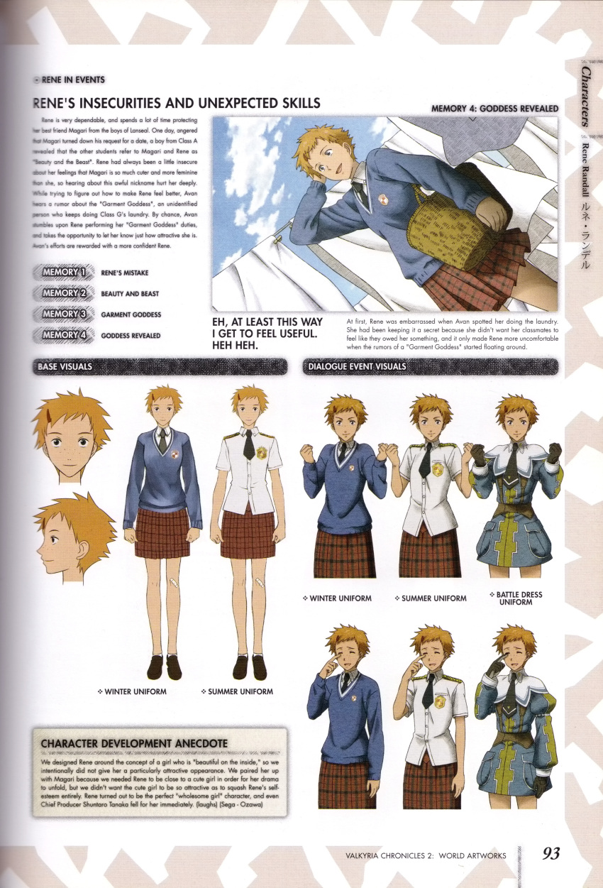1girl, absurdres, character_name, character_sheet, clouds, freckles, hair_ornament, hairclip, highres, honjou_raita, miniskirt, necktie, official_art, open_mouth, orange_hair, rene_randall, school_uniform, senjou_no_valkyria, senjou_no_valkyria_2, short_hair, skirt, sky, solo