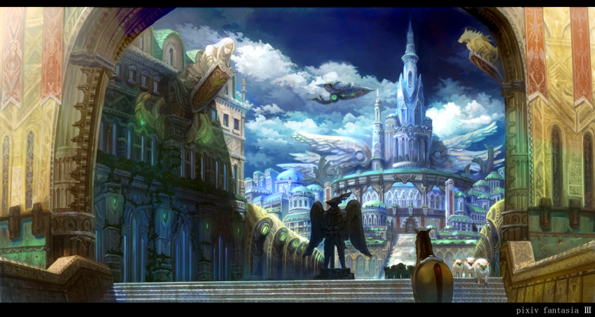 castle, city, cloud, clouds, fantasy, horse, letterboxed, no_humans