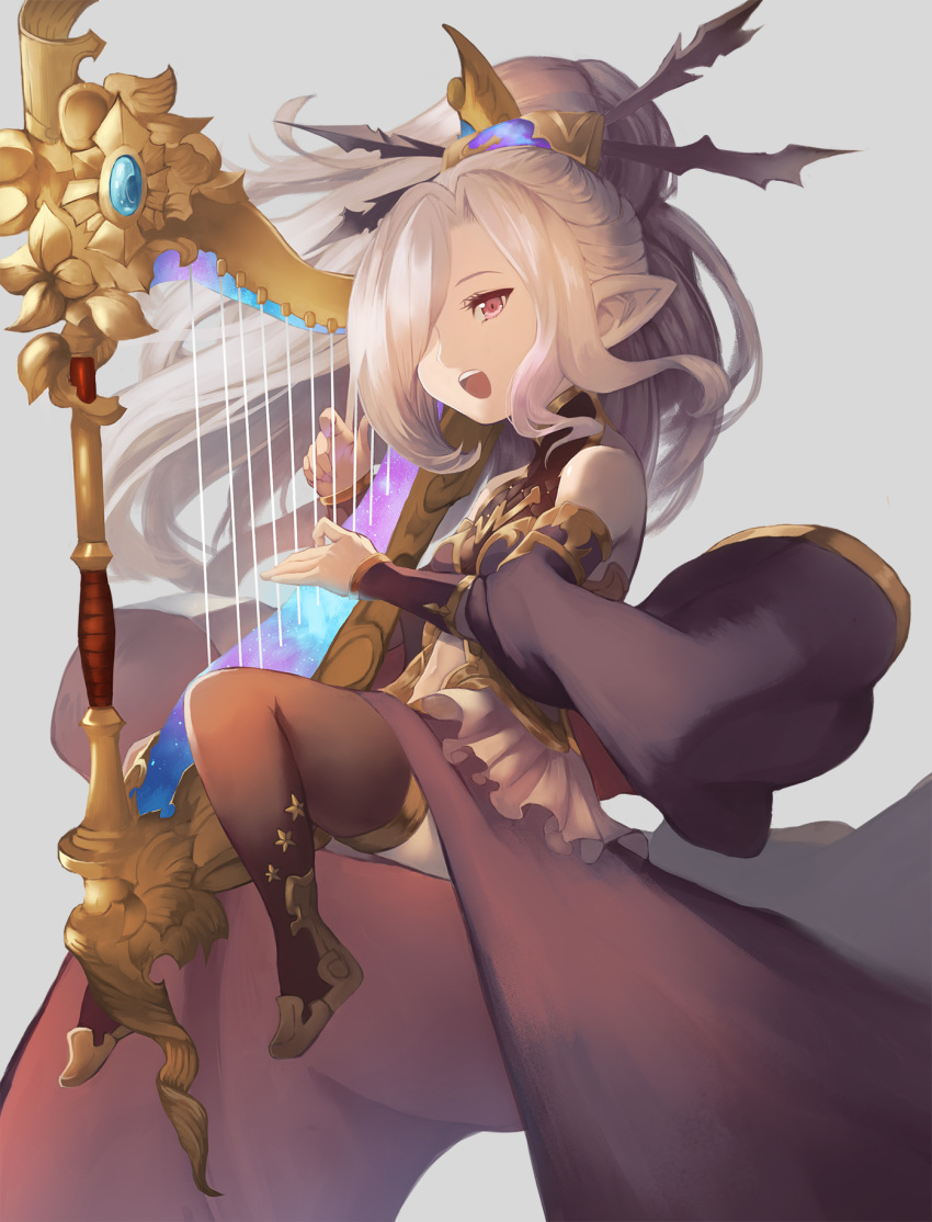 1girl, bare_shoulders, black_legwear, boots, breasts, commentary_request, detached_sleeves, from_side