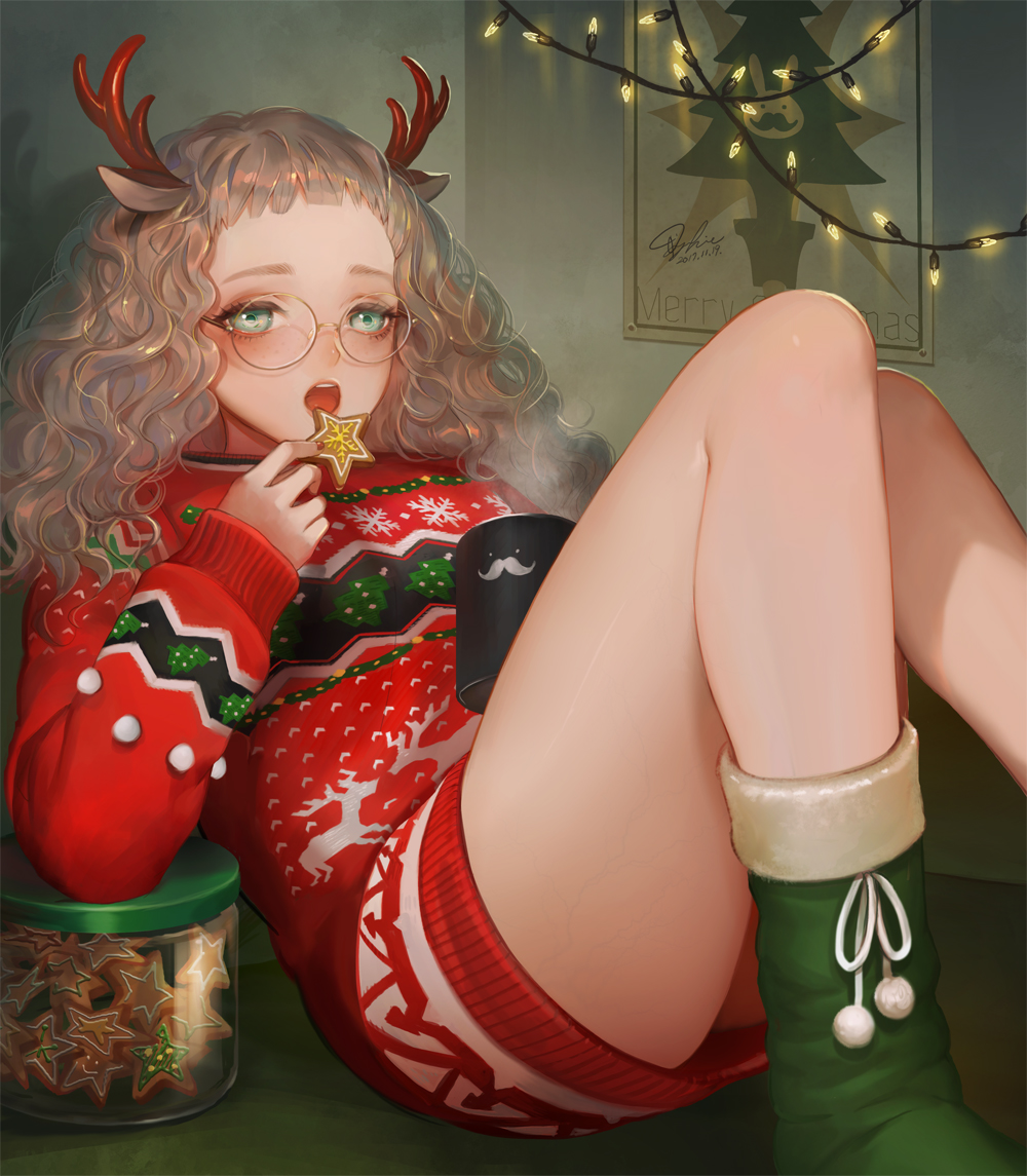 1girl, :o, animal_ears, antlers, arm_support, bare_legs, blush, brown_hair, christmas, coffee_mug, cookie, dress, eyebrows, food, forehead, foreshortening, fur-trimmed_boots, fur_trim, green_footwear, holding, holding_food, indoors, jar, knees_up, leaning_back, light, long_hair, long_sleeves, looking_at_viewer, nail_polish, on_floor, open_mouth, original, pom_pom_(clothes), poster_(object), red_nails, red_sweater, reindeer_antlers, reindeer_ears, rimless_eyewear, sitting, sleeves_past_wrists, solo, star, sweater, sweater_dress, tajima_yukie, thighs, tsurime, wavy_hair