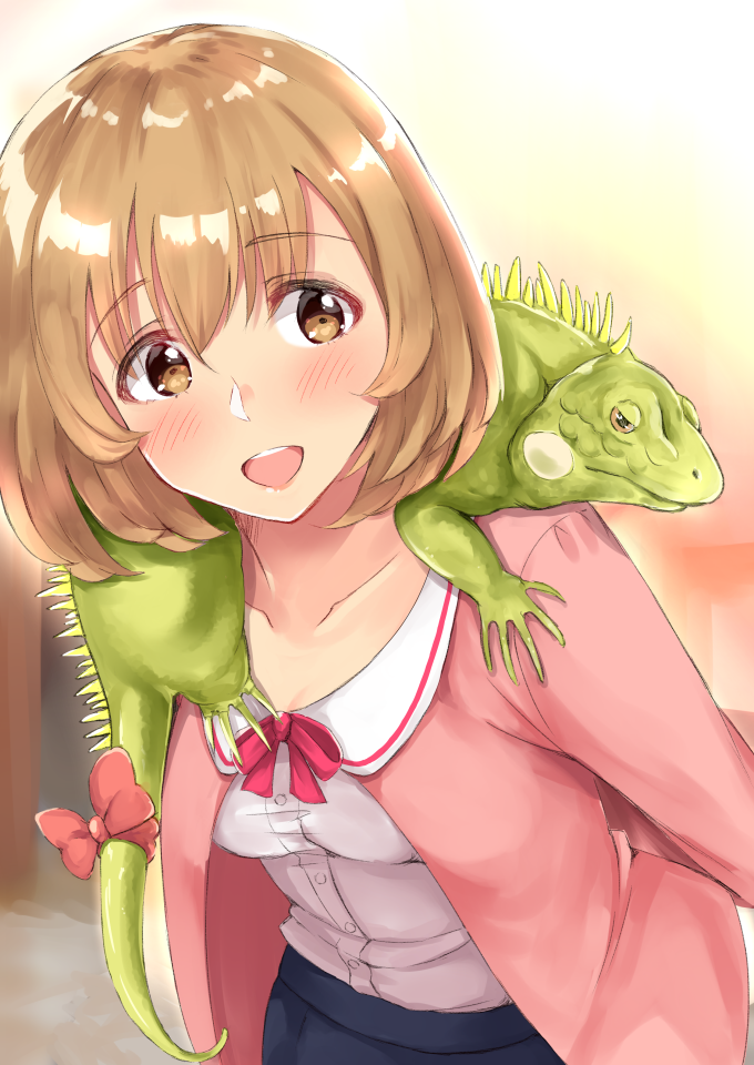 1girl, :d, animal, bangs, blush, brown_eyes, brown_hair, cardigan