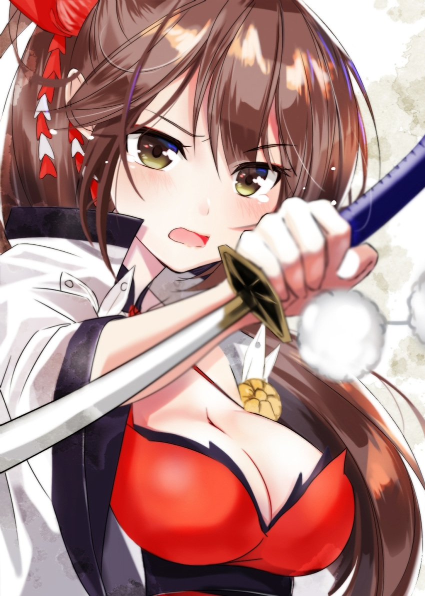 1girl, azur_lane, blush, breasts, brown_eyes, brown_hair, cleavage, commentary_request