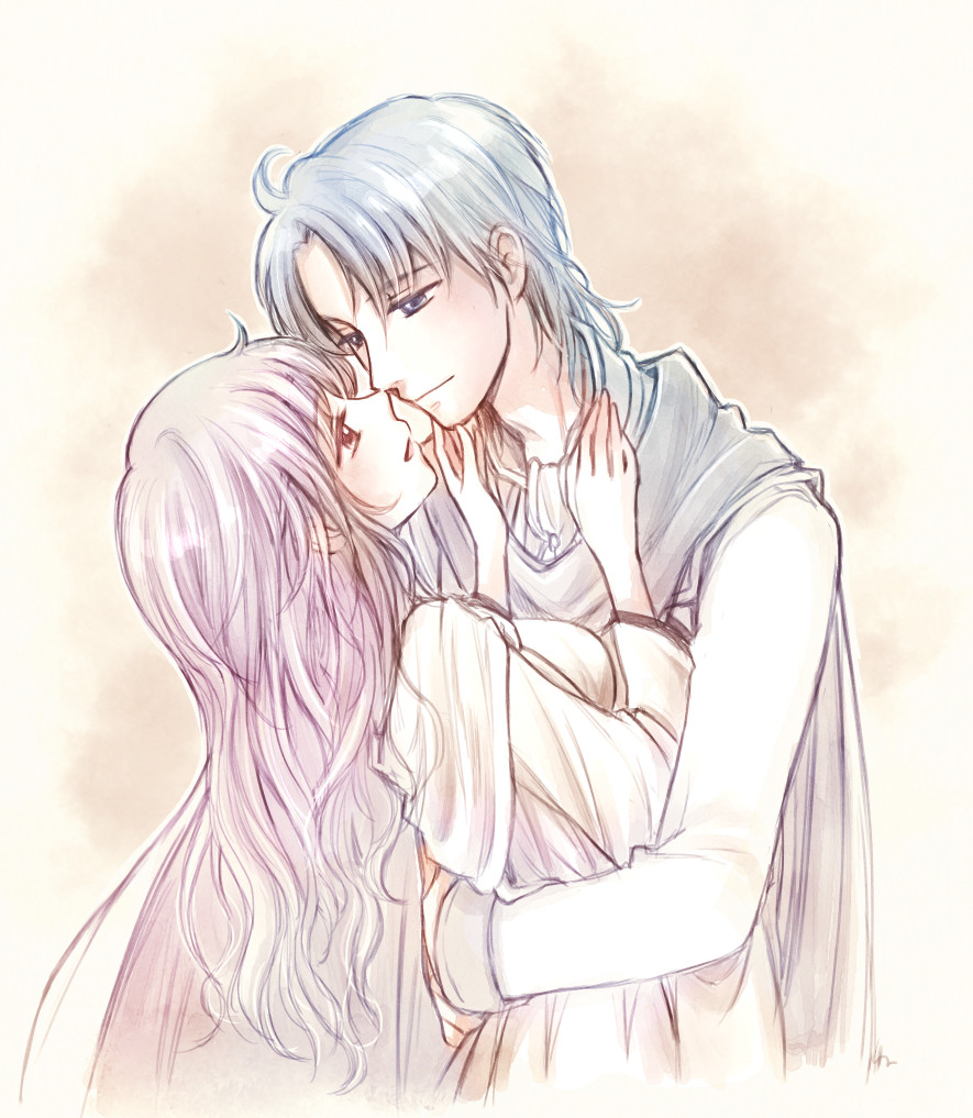 1boy, 1girl, arms_around_waist, blue_eyes, blue_hair, breasts, brown_eyes, cape