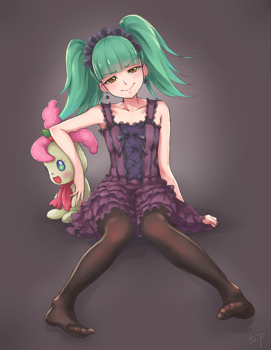 1girl, biburi_(precure), black_hairband, black_legwear, character_doll, chocokin, closed_mouth, dress