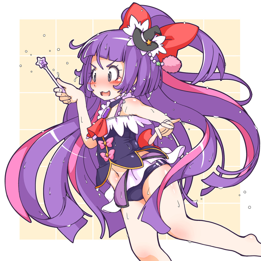 1girl, ao_yasai, barefoot, black_hat, blush, bow, buruma, cropped_legs