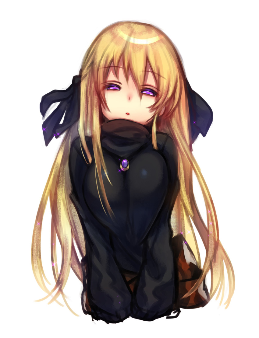 1girl, absurdres, between_breasts, black_ribbon, black_sweater, blonde_hair, blush, borrowed_character