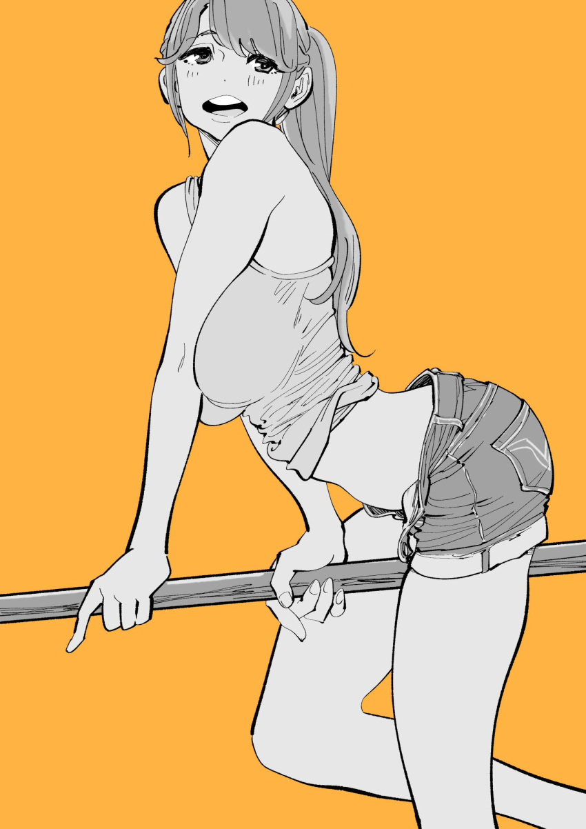 1girl, bent_over, denim, denim_shorts, highres, long_hair, mori_taishi, original, ponytail, shorts, sleeveless