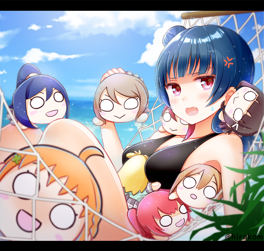 6+girls, anger_vein, bangs, bare_shoulders, between_breasts, bikini, black_bikini, blue_hair