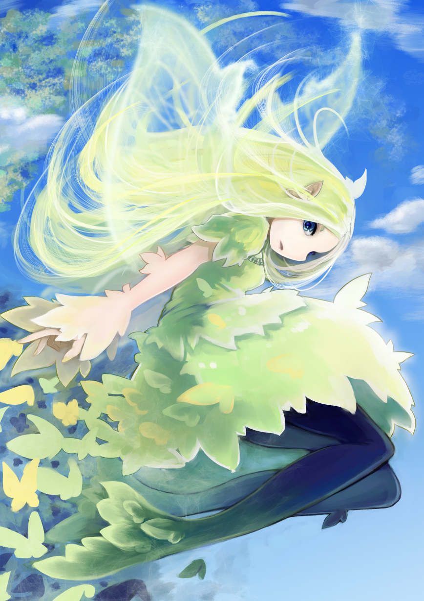 1girl, black_legwear, blonde_hair, blue_eyes, blue_sky, butterfly, day, dress