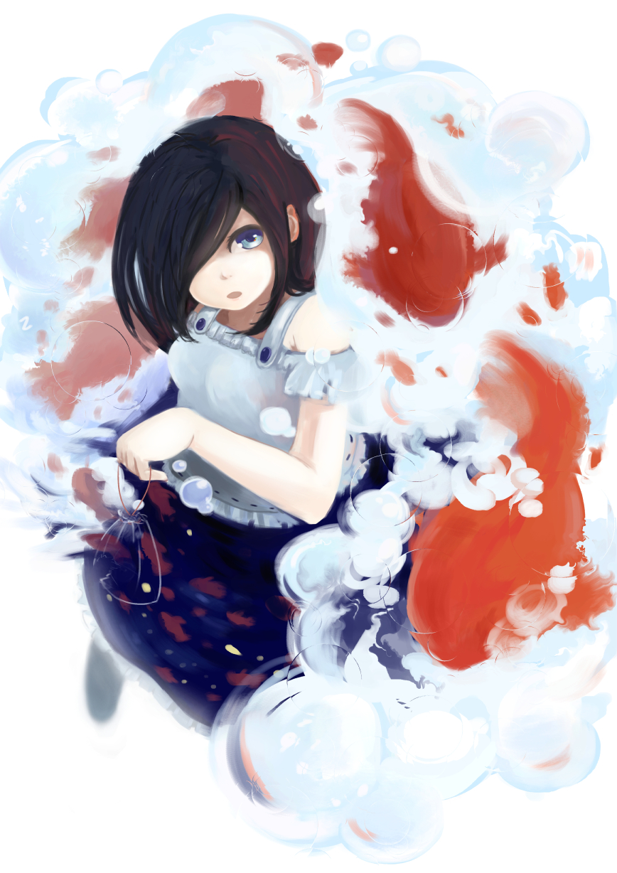 1girl, black_hair, blue_eyes, bubble, fish, full_body, goldfish, hair_over_one_eye