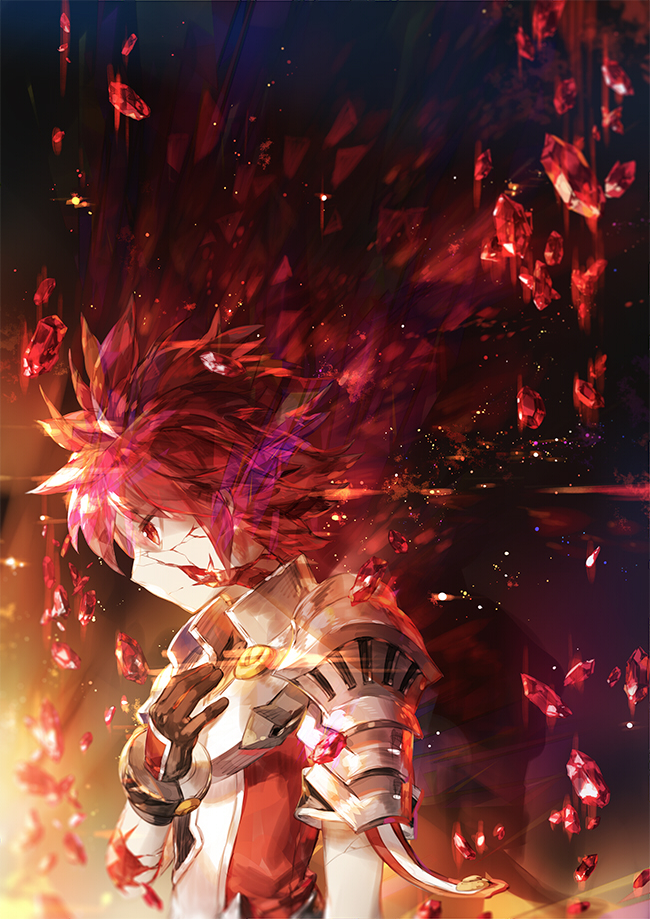 1boy, armor, commentary, commentary_request, crack, cracked_skin, elsword, elsword_(character)