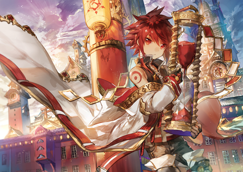 1boy, building, cloak, clock, clock_tower, clouds, cloudy_sky, elsword