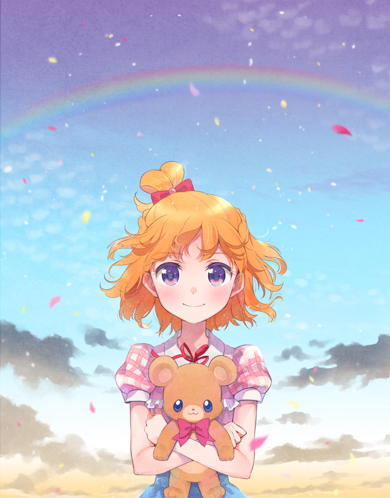 1girl, asahina_mirai, blonde_hair, blouse, bow, closed_mouth, clouds, gobou_1000
