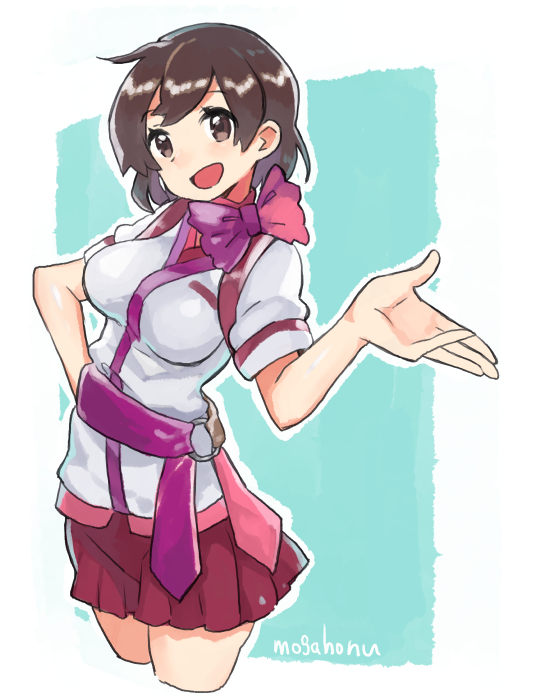 1girl, belt, brown_eyes, brown_hair, cowboy_shot, employee_uniform, flight_attendant, hand_on_hip