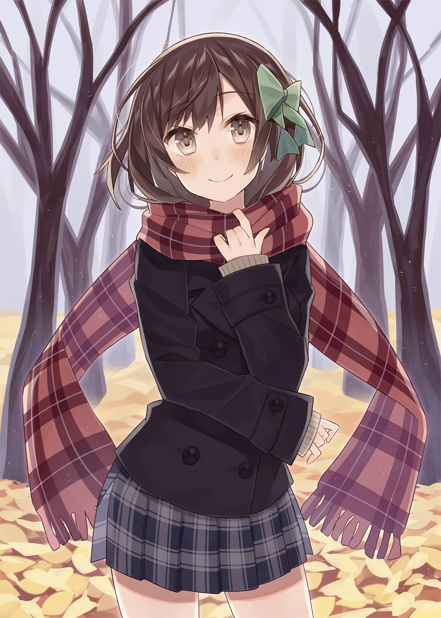 1girl, autumn_leaves, bare_tree, black_coat, blue_skirt, blush, bow, brown_eyes