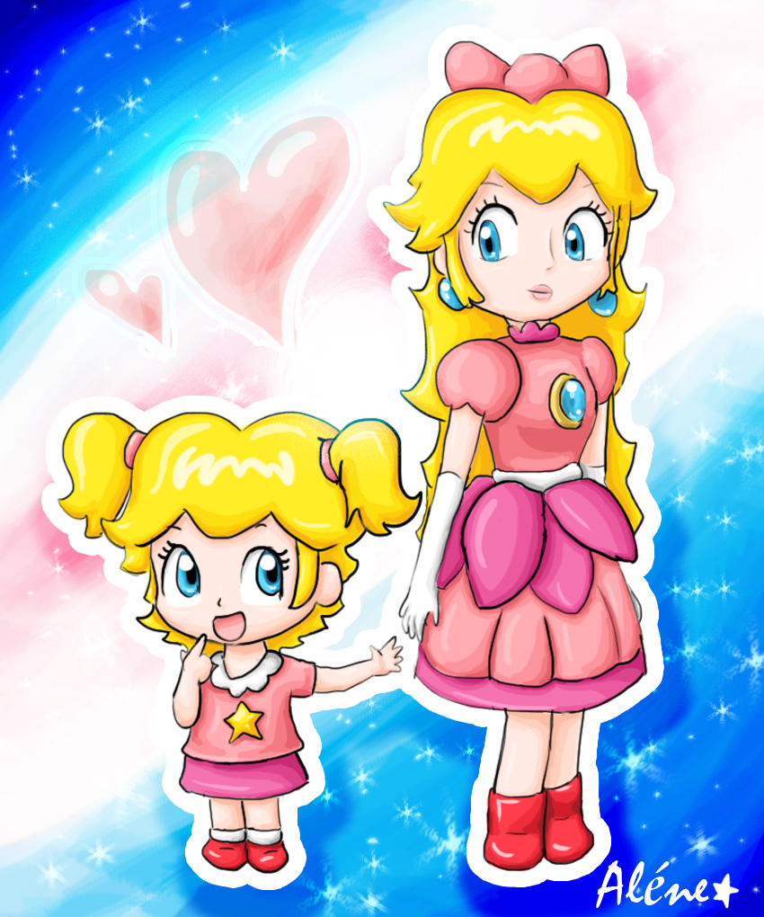 2girls, :d, adult, alenestar, baby, baby_peach, blonde_hair, blue_eyes, child, deviantart, dress, earrings, elbow_gloves, gem, gloves, heart, lips, long_hair, super_mario_bros., multiple_girls, multiple_persona, nintendo, open_mouth, parted_lips, pink_dress, princess_peach, ribbon, star, super_mario, super_mario_bros., time_paradox, twintails, white_gloves, younger