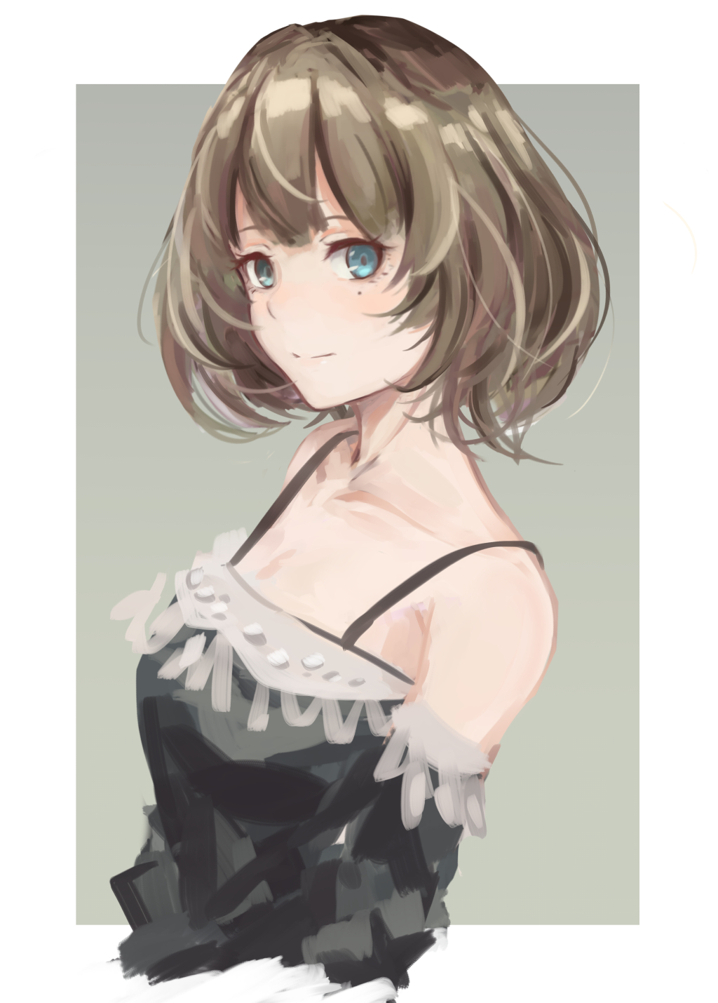 1girl, aqua_eyes, arms_at_sides, bare_shoulders, black_tank_top, breasts, brown_hair, closed_mouth