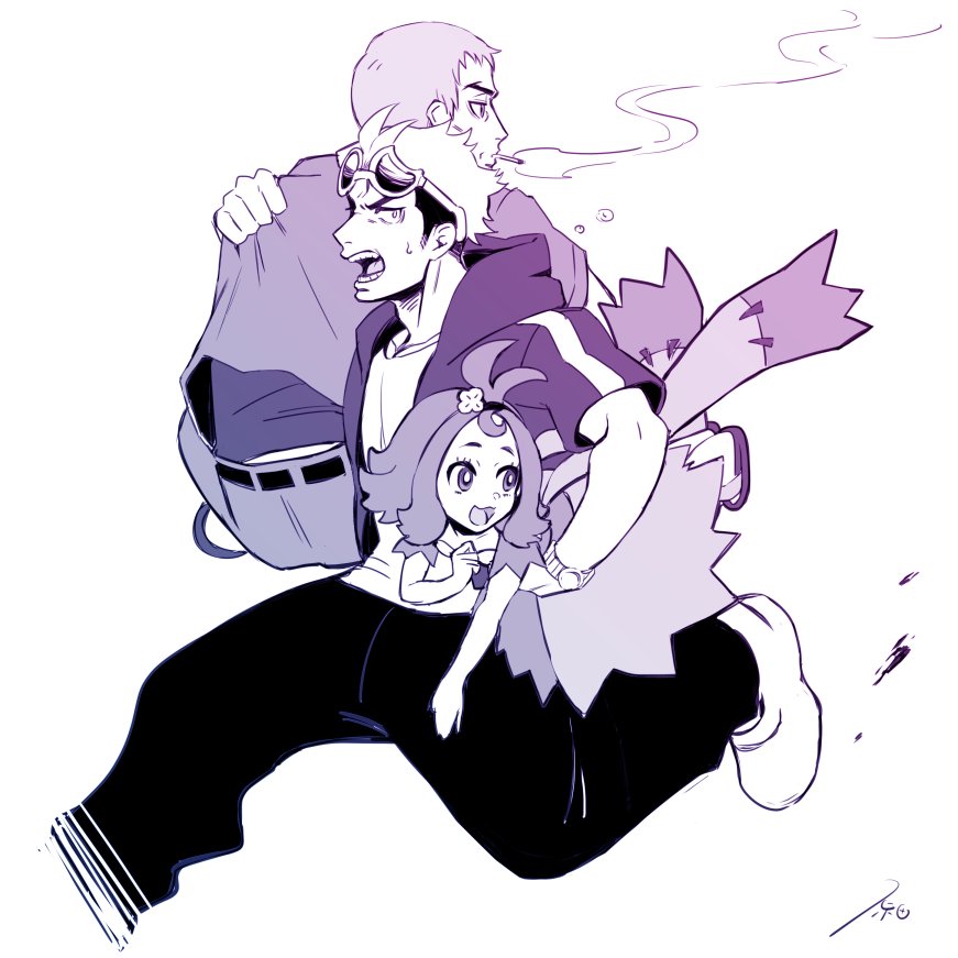 1girl, 2boys, acerola_(pokemon), carrying_under_arm, cigarette, dress, elite_four, eyewear_on_head