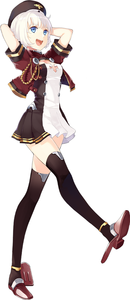 1girl, :d, aiguillette, arms_behind_head, azur_lane, black_hat, black_legwear, blue_eyes