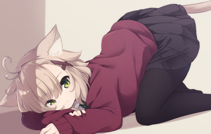 1girl, animal_ears, antenna_hair, bangs, beige_background, black_legwear, black_skirt, blush