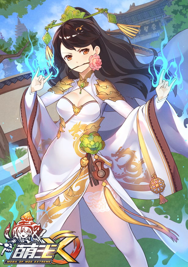 \m/, architecture, black_hair, blue_sky, breasts, brown_eyes, china_dress, chinese_clothes