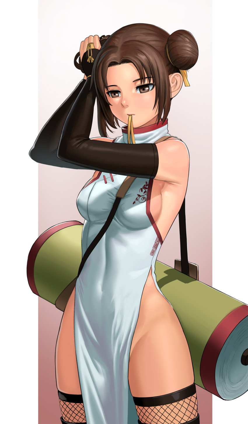 1girl, adjusting_hair, bangs, bare_hips, bare_shoulders, black_gloves, black_legwear, blush