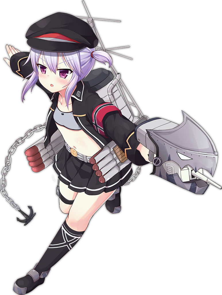 1girl, :o, anchor, anchor_symbol, armband, azur_lane, bangs, belt, black_hat, black_jacket, black_legwear, black_skirt, blush, chains, collarbone, eyebrows, eyebrows_visible_through_hair, full_body, hair_between_eyes, hair_tie, hat, jacket, long_sleeves, machinery, midriff, miniskirt, navel, official_art, open_clothes, open_jacket, open_mouth, pleated_skirt, purple_hair, sakuraba_hikaru_(loveindog), short_hair, short_ponytail, side_ponytail, sidelocks, simple_background, skirt, solo, sports_bra, stomach, tongue, torpedo, transparent_background, tsurime, turret, violet_eyes, white_belt, z21_(azur_lane)