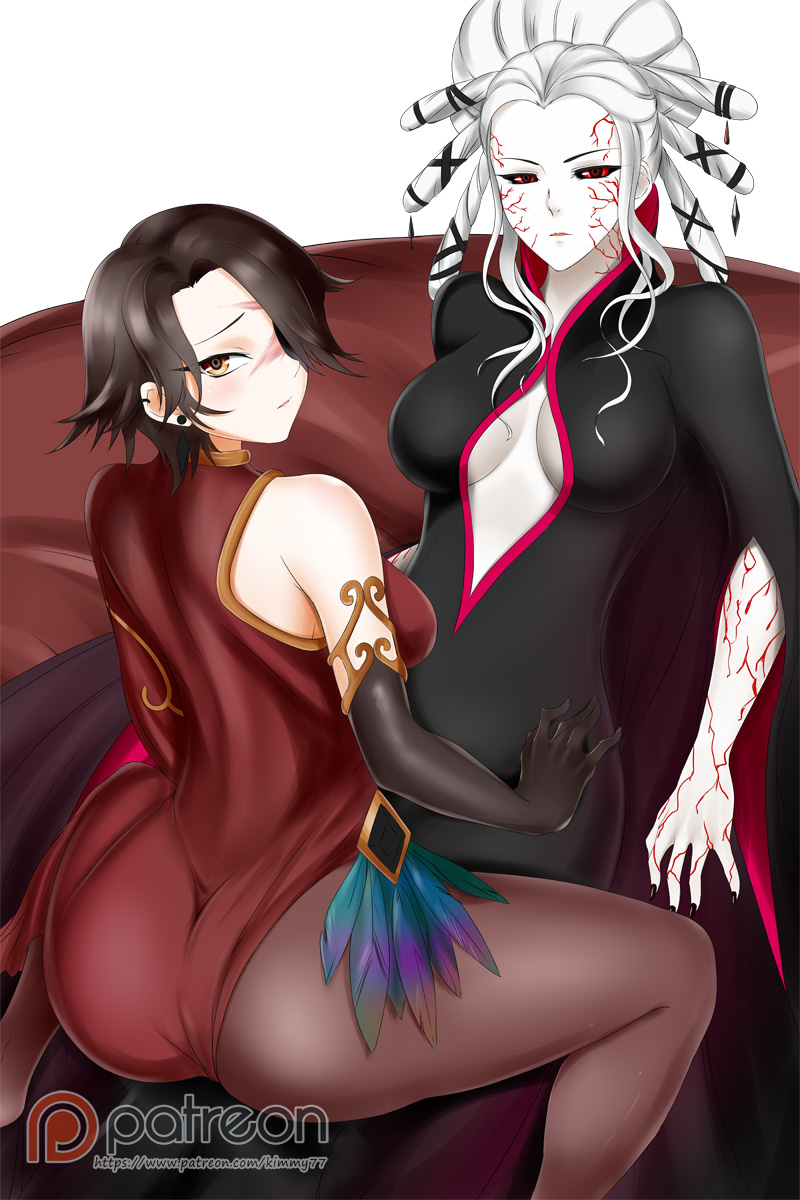 2girls, alfred_cullado, ass, bare_shoulders, black_eyes, black_nails, breasts, brown_hair