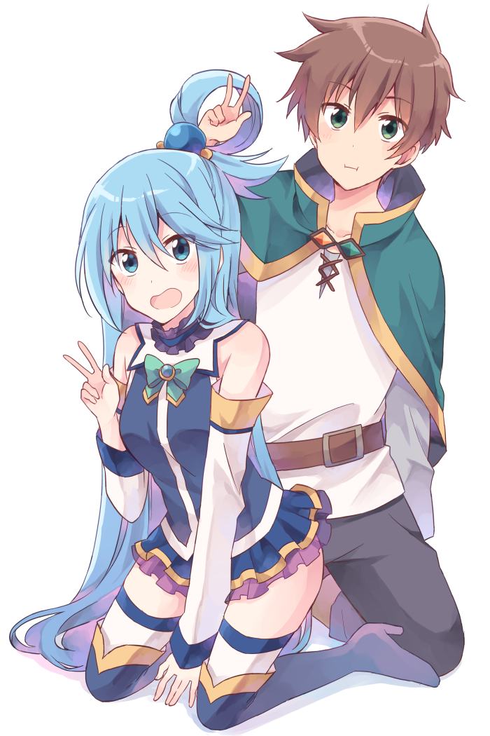 1boy, 1girl, aqua_(konosuba), blue_eyes, blue_hair, blush, boots, breasts, brown_hair, hair_ornament, kono_subarashii_sekai_ni_shukufuku_wo!, long_hair, miso_(mimimiso), open_mouth, pout, satou_kazuma, thigh-highs, thigh_boots, v