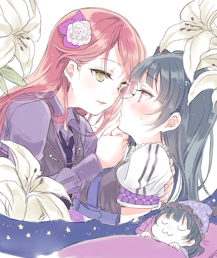 2girls, :3, arm_around_back, black_hair, blush, chin_grab, closed_eyes, dreaming