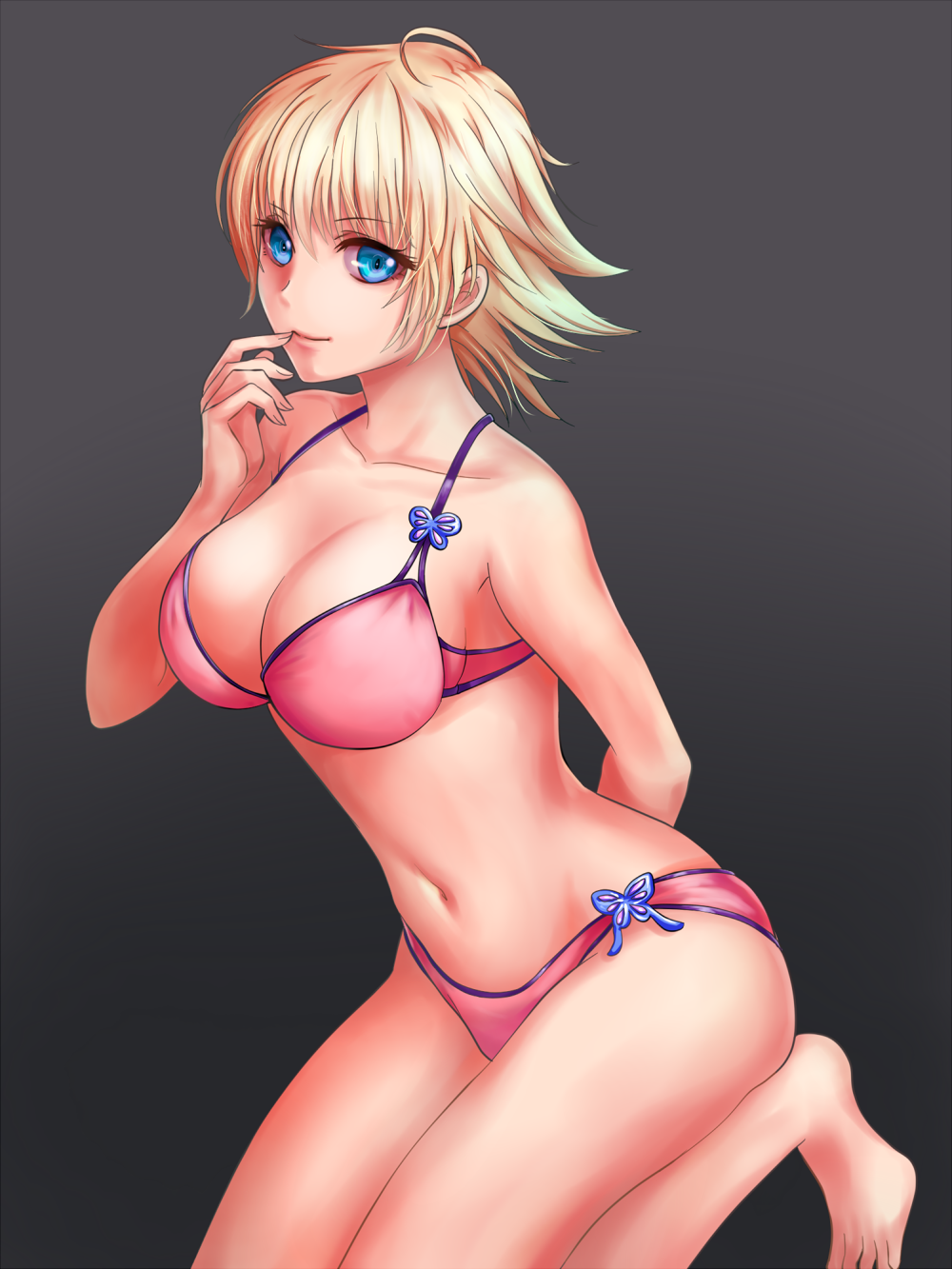 1girl, arm_behind_back, barefoot, blonde_hair, blue_eyes, bra, breasts, cleavage, collarbone, eyebrows_visible_through_hair, finger_to_mouth, groin, hair_between_eyes, hellsing, highres, kneeling, large_breasts, looking_at_viewer, navel, panties, pink_bra, pink_panties, raite, seras_victoria, short_hair, sideboob, solo, underwear, underwear_only