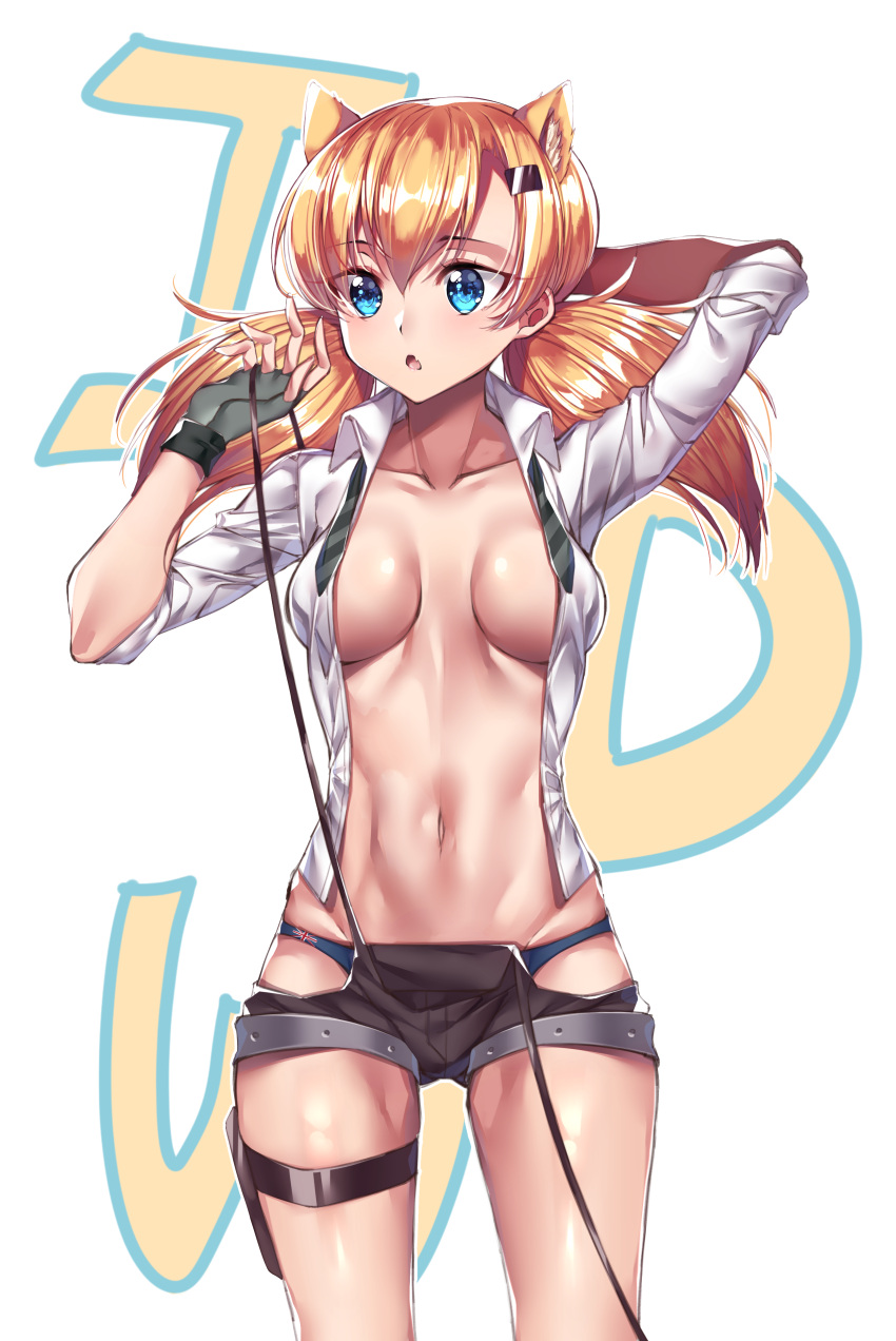 1girl, absurdres, animal_ears, blonde_hair, blue_eyes, blue_panties, breasts, brown_shorts