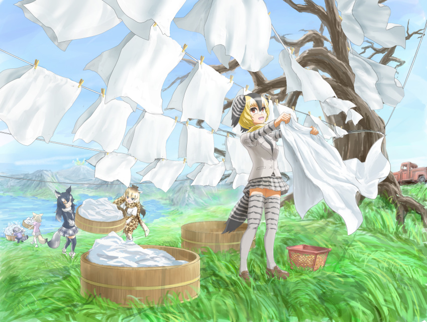 5girls, :d, animal_ears, bangs, black_hair, black_jacket, black_legwear, blonde_hair, blue_sky, blunt_bangs, breast_pocket, brown_eyes, brown_hair, brown_neckwear, buttons, campo_flicker_(kemono_friends), car, clothes_pin, clouds, common_raccoon_(kemono_friends), day, evyngr, fennec_(kemono_friends), fox_ears, fox_tail, fur_collar, fur_trim, giraffe_ears, giraffe_horns, giraffe_print, glasses, grass, grey_hair, grey_jacket, grey_legwear, grey_skirt, grey_wolf_(kemono_friends), ground_vehicle, head_wings, highres, holding_clothes, horizontal_stripes, jacket, kemono_friends, laundry, laundry_basket, long_sleeves, miniskirt, motor_vehicle, mountain, multicolored_hair, multiple_girls, necktie, one_eye_closed, open_mouth, outdoors, pantyhose, pince-nez, plaid, plaid_skirt, pleated_skirt, pocket, print_legwear, print_scarf, print_skirt, raccoon_tail, reticulated_giraffe_(kemono_friends), rope, sandstar, scarf, shirt, short_hair, short_over_long_sleeves, short_sleeves, skirt, sky, smile, soap_bubbles, standing, striped, tail, tail_feathers, thigh-highs, tree, washing, washtub, white_hair, white_shirt, white_skirt, wolf_ears, wolf_tail, zettai_ryouiki