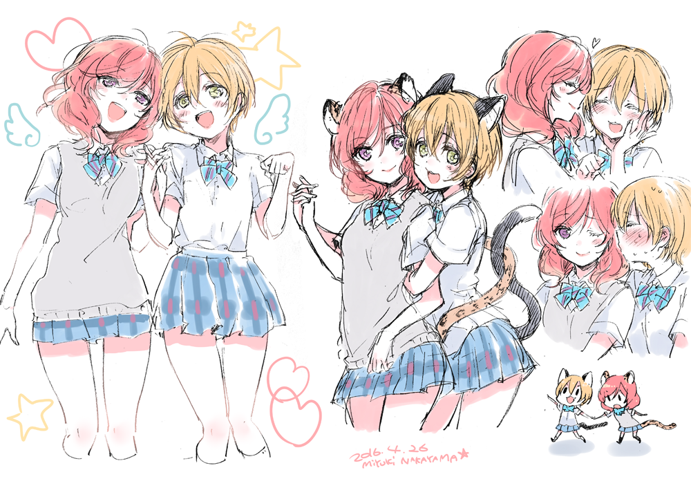 2016, 2girls, :3, :d, ;), animal_ears, arm_hug, artist_name
