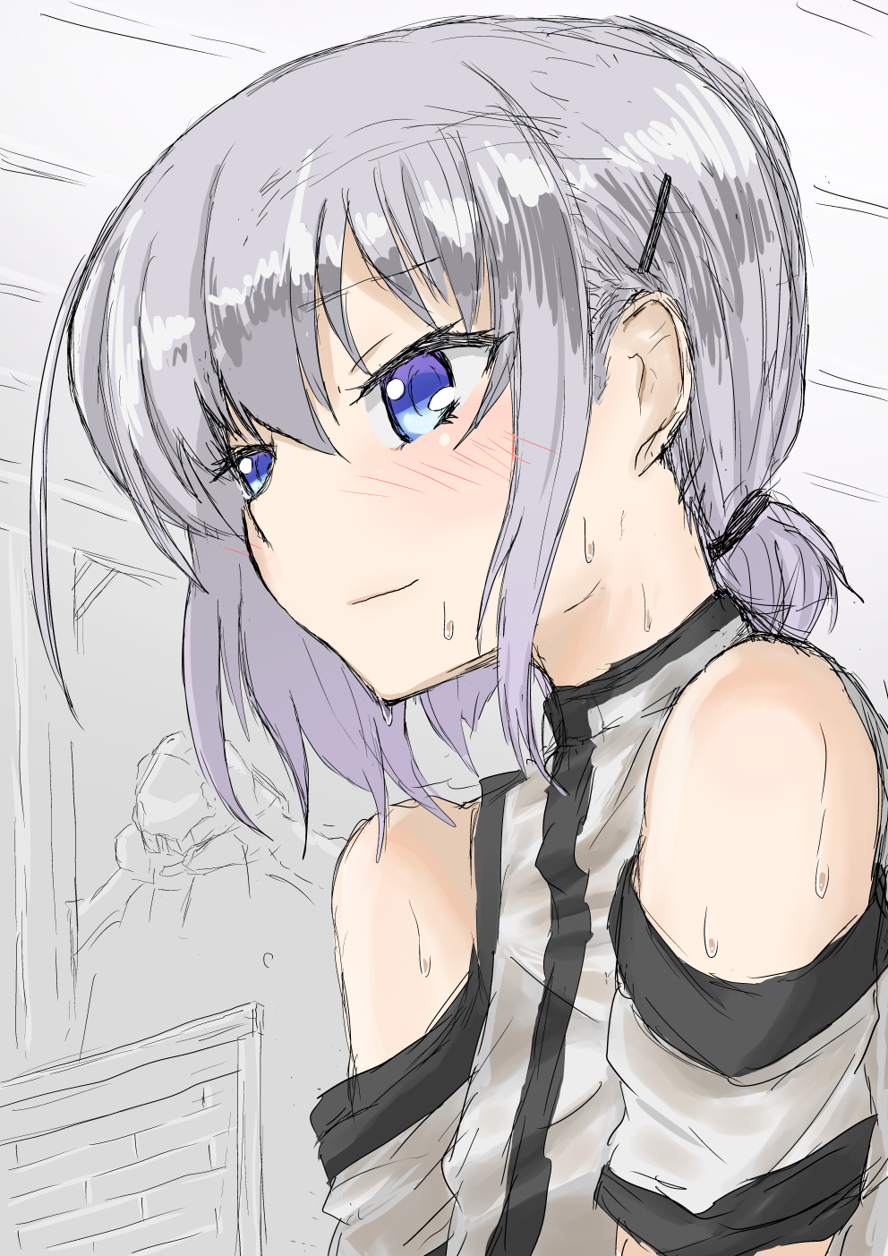 1boy, alternate_hairstyle, bare_shoulders, blush, embarrassed, ernesti_echevalier, hair_ornament, hair_up